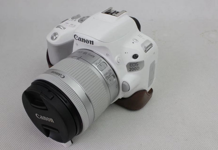 PU Leather Case Bag Protector + Strap + Camera Lens Bag for Canon EOS 200D - Coffee