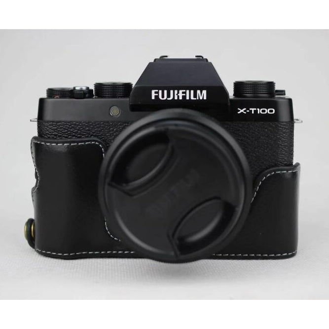 Genuine Leather Half Bottom Camera Protective Case for Fujifilm X-T100 - Black