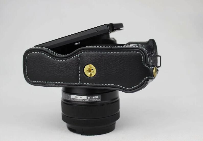 Genuine Leather Half Bottom Camera Protective Case for Fujifilm X-T100 - Black