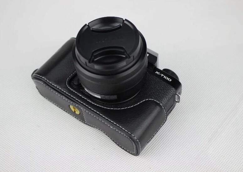 Genuine Leather Half Bottom Camera Protective Case for Fujifilm X-T100 - Black