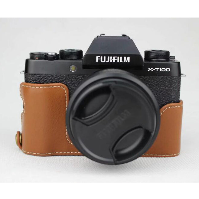 Genuine Leather Half Bottom Camera Protector Cover for Fujifilm X-T100 - Brown