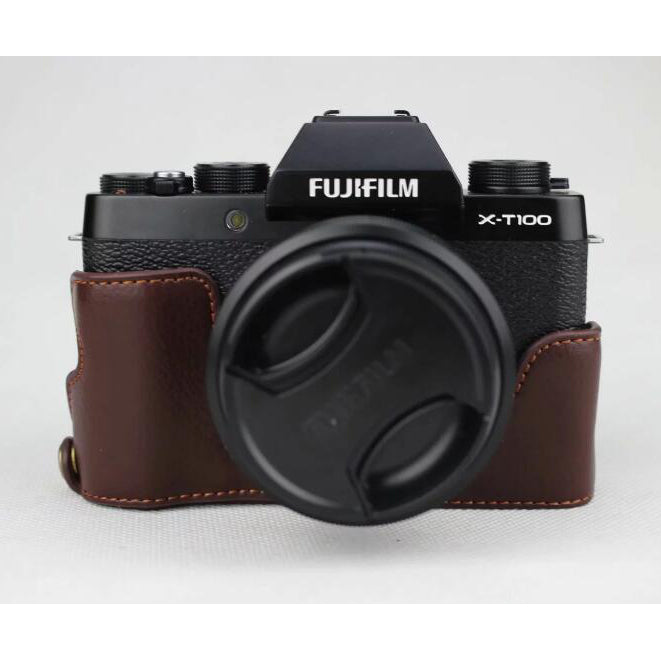 Genuine Leather Half Bottom Camera Protection Shell for Fujifilm X-T100 - Coffee