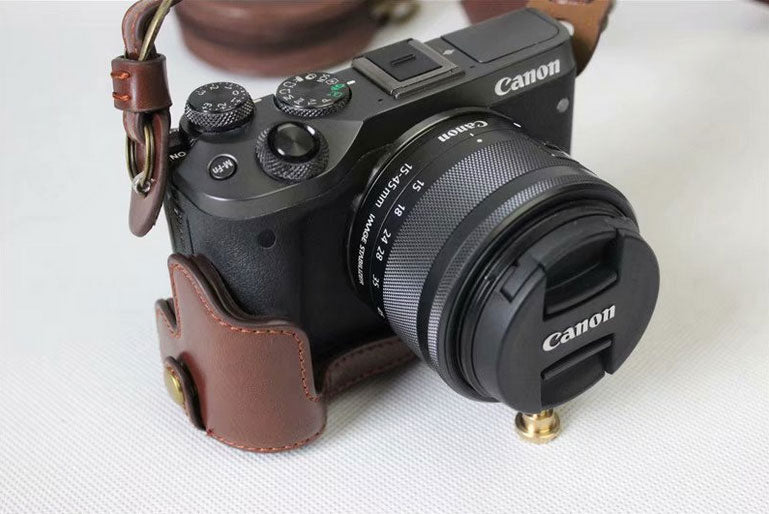 Protective Camera PU Leather Case Shell for Canon EOS M6 18-150mm/55-200mm - Coffee