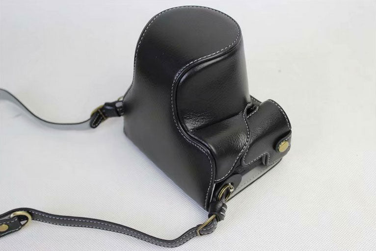 Split Leather Protective Bag + Strap + Camera Lens Bag for Canon EOS M6 (15-45mm) - Black