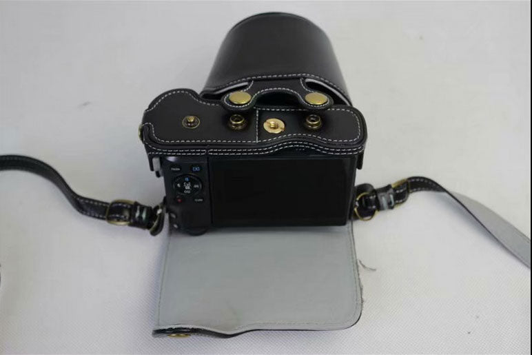 Split Leather Protective Bag + Strap + Camera Lens Bag for Canon EOS M6 (15-45mm) - Black