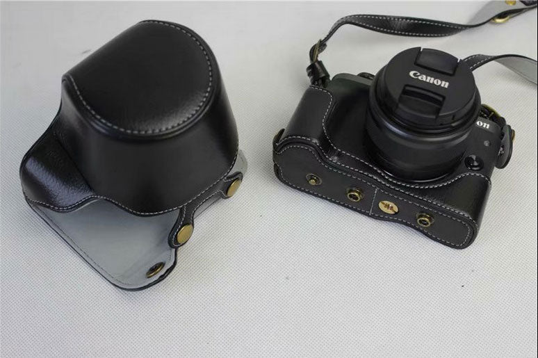 Split Leather Protective Bag + Strap + Camera Lens Bag for Canon EOS M6 (15-45mm) - Black