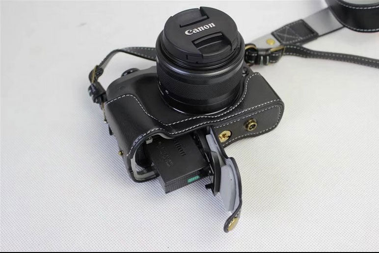 Split Leather Protective Bag + Strap + Camera Lens Bag for Canon EOS M6 (15-45mm) - Black