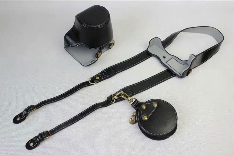 Split Leather Protective Bag + Strap + Camera Lens Bag for Canon EOS M6 (15-45mm) - Black