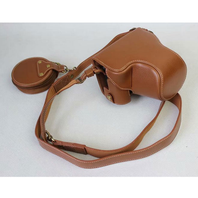 Split Leather Protective Case + Strap + Camera Lens Bag for Canon EOS M6 (15-45mm) - Brown