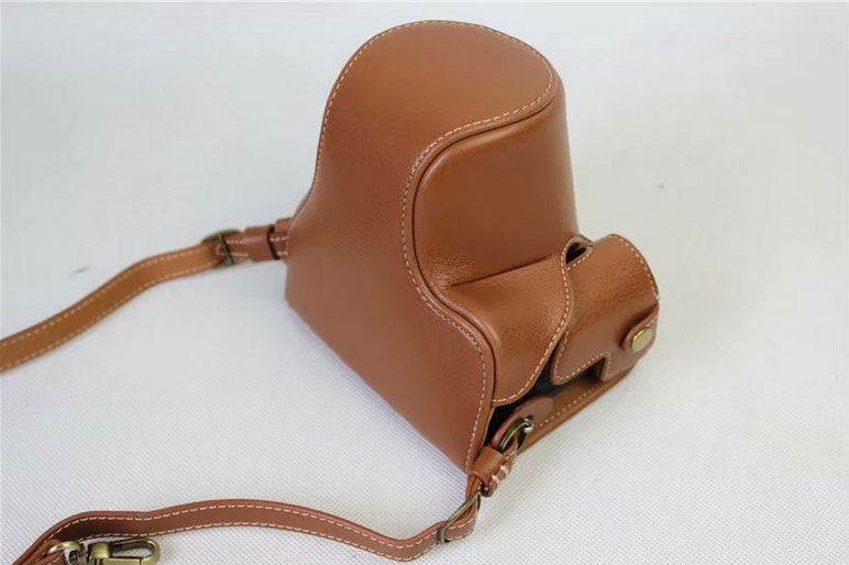 Split Leather Protective Case + Strap + Camera Lens Bag for Canon EOS M6 (15-45mm) - Brown