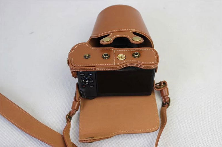 Split Leather Protective Case + Strap + Camera Lens Bag for Canon EOS M6 (15-45mm) - Brown