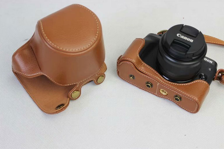 Split Leather Protective Case + Strap + Camera Lens Bag for Canon EOS M6 (15-45mm) - Brown