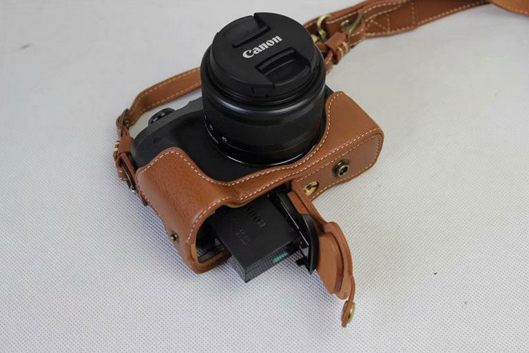 Split Leather Protective Case + Strap + Camera Lens Bag for Canon EOS M6 (15-45mm) - Brown