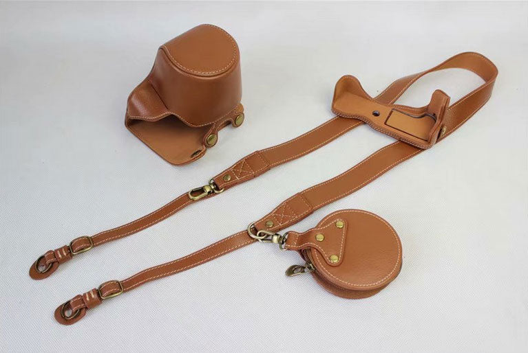 Split Leather Protective Case + Strap + Camera Lens Bag for Canon EOS M6 (15-45mm) - Brown