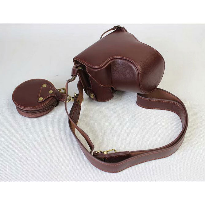 Split Leather Protective Shell + Strap + Camera Lens Bag for Canon EOS M6 (15-45mm) - Coffee