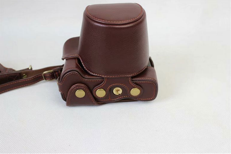 Split Leather Protective Shell + Strap + Camera Lens Bag for Canon EOS M6 (15-45mm) - Coffee