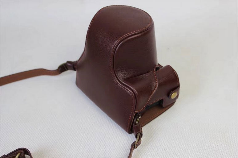 Split Leather Protective Shell + Strap + Camera Lens Bag for Canon EOS M6 (15-45mm) - Coffee