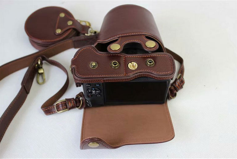 Split Leather Protective Shell + Strap + Camera Lens Bag for Canon EOS M6 (15-45mm) - Coffee