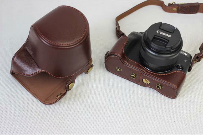 Split Leather Protective Shell + Strap + Camera Lens Bag for Canon EOS M6 (15-45mm) - Coffee