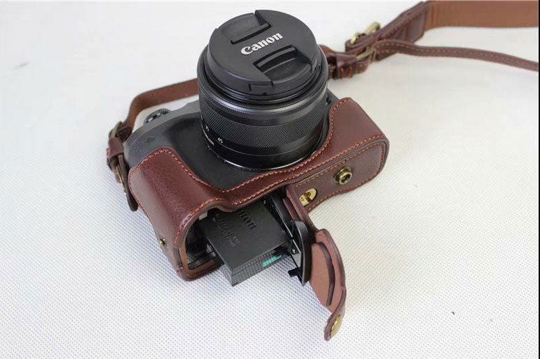 Split Leather Protective Shell + Strap + Camera Lens Bag for Canon EOS M6 (15-45mm) - Coffee