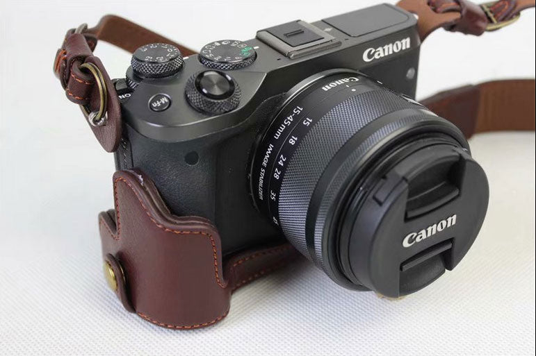 Split Leather Protective Shell + Strap + Camera Lens Bag for Canon EOS M6 (15-45mm) - Coffee
