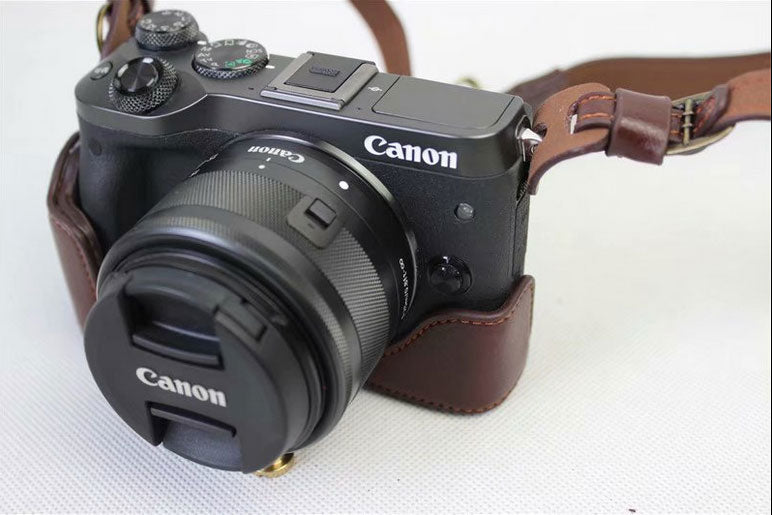 Split Leather Protective Shell + Strap + Camera Lens Bag for Canon EOS M6 (15-45mm) - Coffee