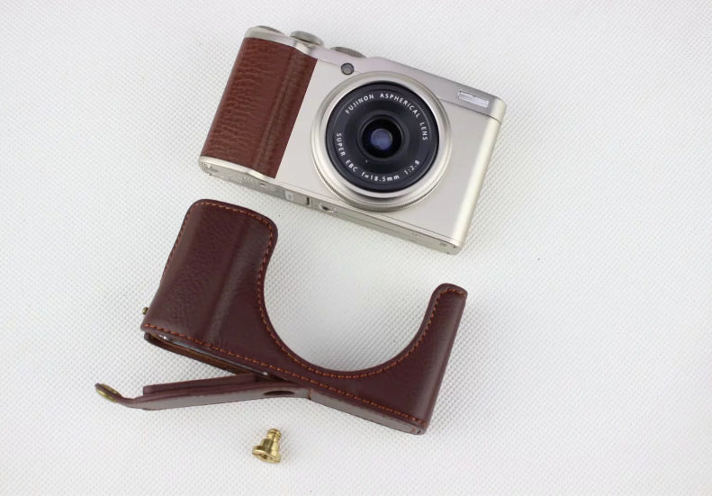 Genuine Leather Half Bottom Camera Pouch Case for Fujifilm XF10 Digital Compact Camera - Coffee