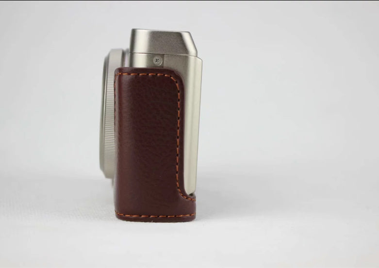 Genuine Leather Half Bottom Camera Pouch Case for Fujifilm XF10 Digital Compact Camera - Coffee