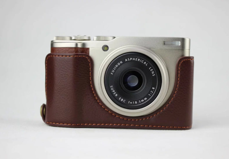 Genuine Leather Half Bottom Camera Pouch Case for Fujifilm XF10 Digital Compact Camera - Coffee