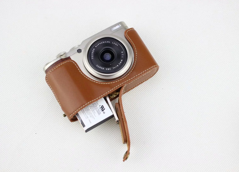 Genuine Leather Half Bottom Camera Protective Bag for Fujifilm XF10 Digital Compact Camera - Brown