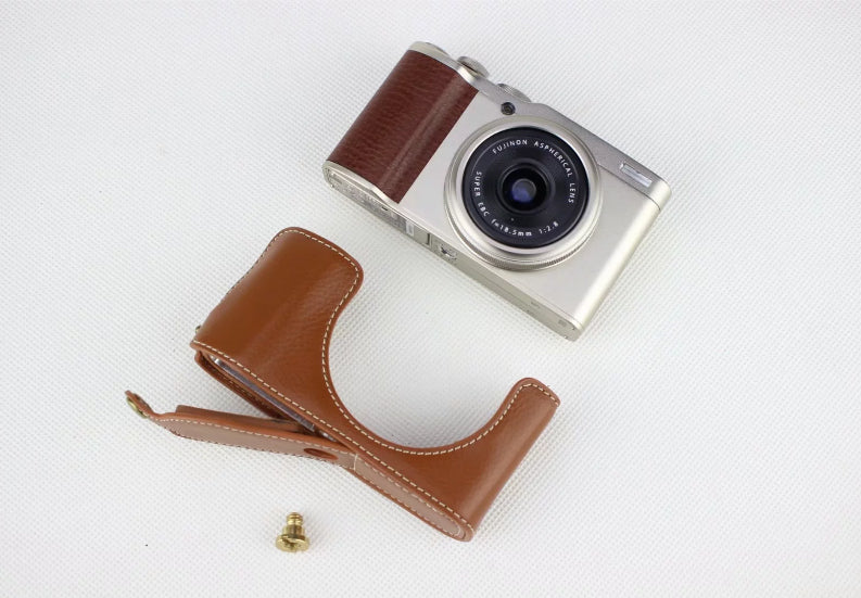 Genuine Leather Half Bottom Camera Protective Bag for Fujifilm XF10 Digital Compact Camera - Brown