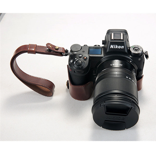 Bottom Opening PU Leather Half Camera Case with Strap for Nikon Z7 Camera - Coffee