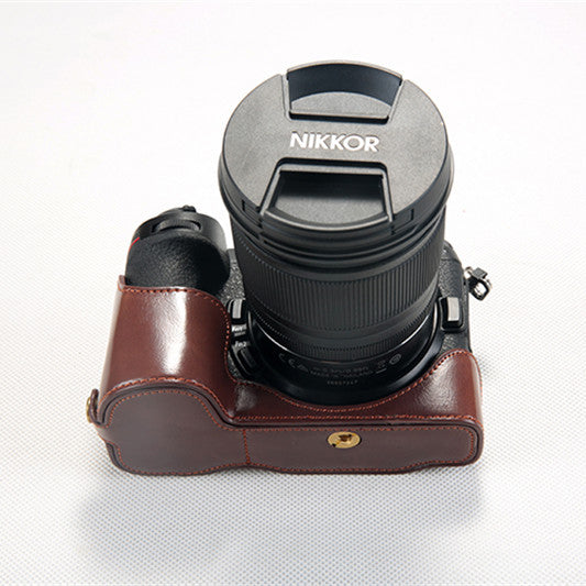 Bottom Opening PU Leather Half Camera Case with Strap for Nikon Z7 Camera - Coffee