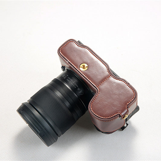 Bottom Opening PU Leather Half Camera Case with Strap for Nikon Z7 Camera - Coffee