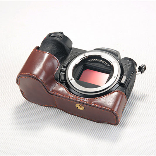 Bottom Opening PU Leather Half Camera Case with Strap for Nikon Z7 Camera - Coffee