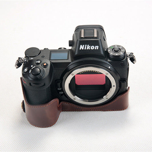 Bottom Opening PU Leather Half Camera Case with Strap for Nikon Z7 Camera - Coffee