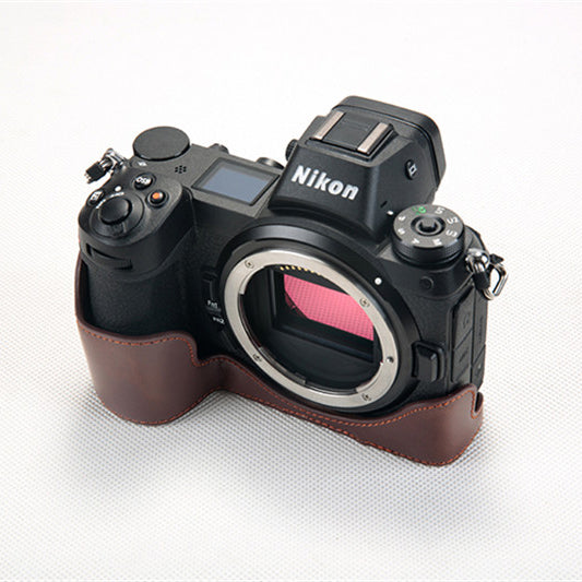 Bottom Opening PU Leather Half Camera Case with Strap for Nikon Z7 Camera - Coffee