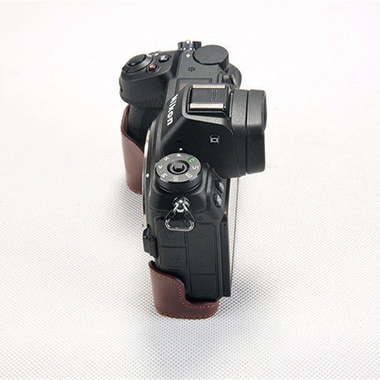 Bottom Opening PU Leather Half Camera Case with Strap for Nikon Z7 Camera - Coffee