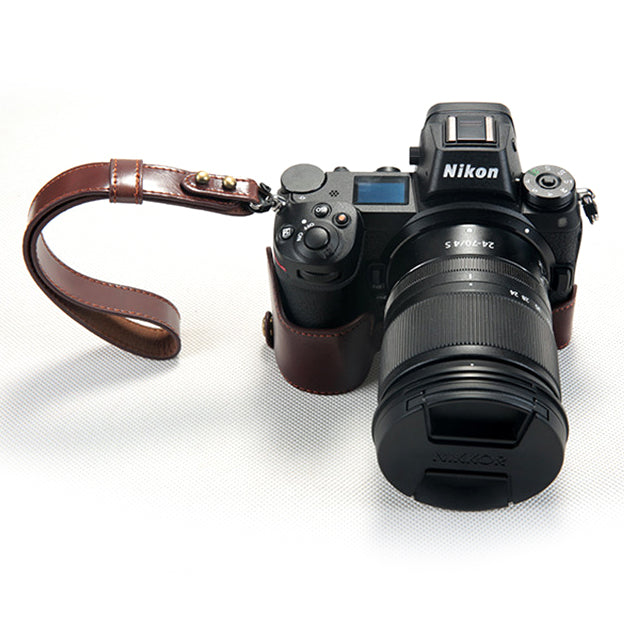 Uniqkart for Nikon Z7 Genuine Leather Half Bottom Camera Protection Case with Strap - Brown