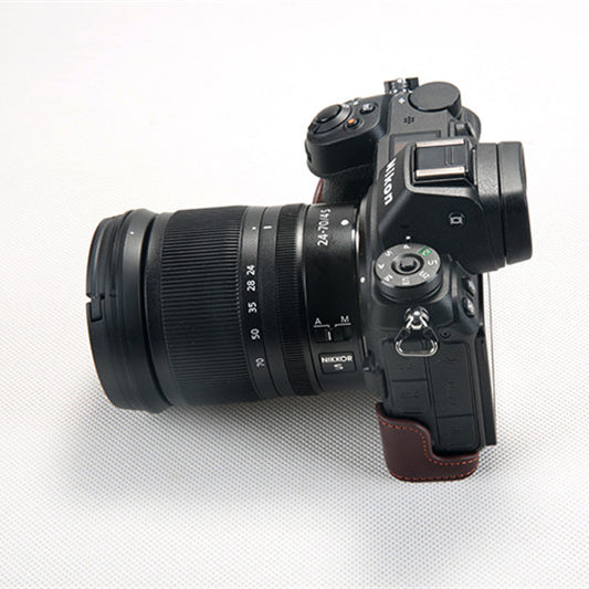 Uniqkart for Nikon Z7 Genuine Leather Half Bottom Camera Protection Case with Strap - Brown