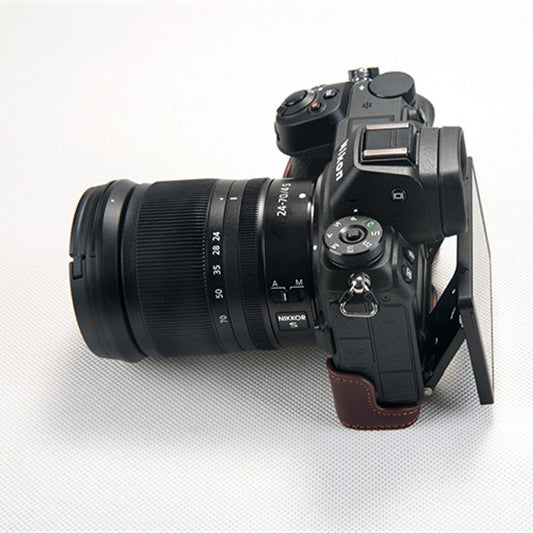 Uniqkart for Nikon Z7 Genuine Leather Half Bottom Camera Protection Case with Strap - Brown