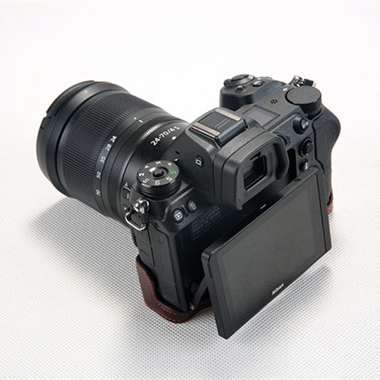 Uniqkart for Nikon Z7 Genuine Leather Half Bottom Camera Protection Case with Strap - Brown