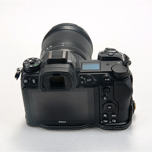 Uniqkart for Nikon Z7 Genuine Leather Half Bottom Camera Protection Shell with Strap - Black