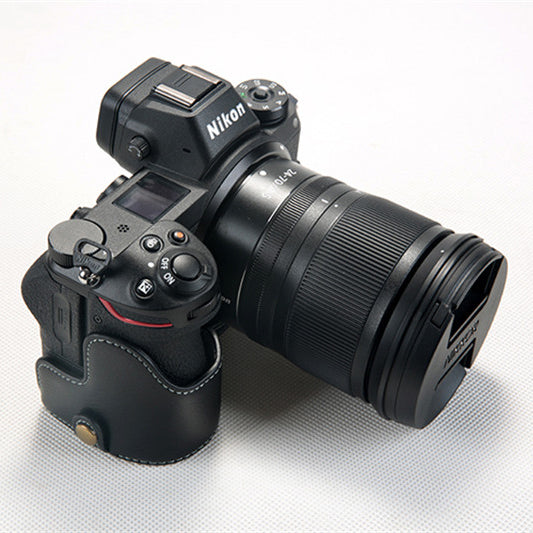 Uniqkart for Nikon Z7 Genuine Leather Half Bottom Camera Protection Shell with Strap - Black