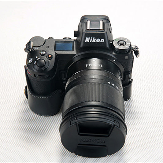 Uniqkart for Nikon Z7 Genuine Leather Half Bottom Camera Protection Shell with Strap - Black