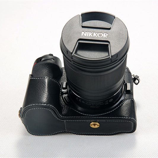 Uniqkart for Nikon Z7 Genuine Leather Half Bottom Camera Protection Shell with Strap - Black