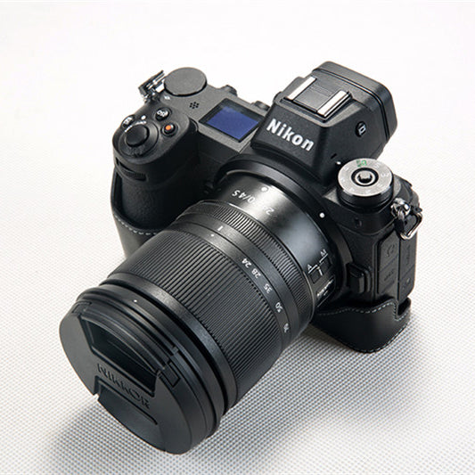 Uniqkart for Nikon Z7 Genuine Leather Half Bottom Camera Protection Shell with Strap - Black