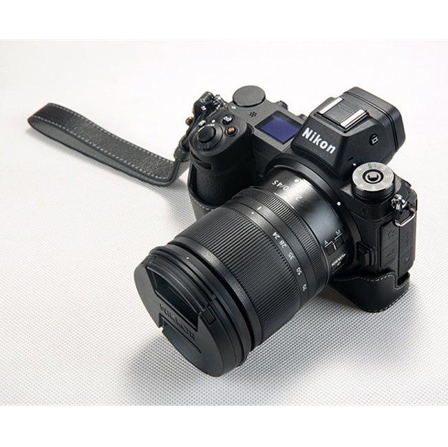 Uniqkart for Nikon Z7 Genuine Leather Half Bottom Camera Protection Shell with Strap - Black