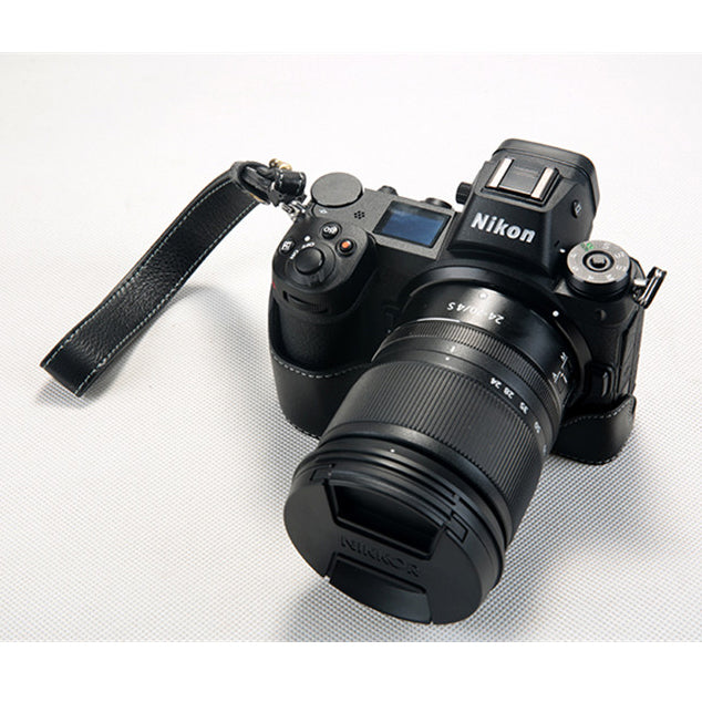 Uniqkart for Nikon Z7 Genuine Leather Half Bottom Camera Protection Shell with Strap - Black