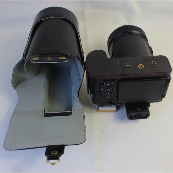 PU Leather Camera Protection Case + Strap + Camera Lens Bag for Nikon P1000 - Black